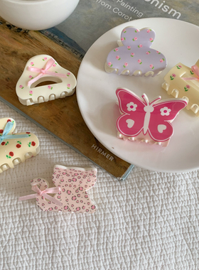 碎花蝴蝶结抓夹可爱女发量少小号发夹子后脑勺半扎发鲨鱼夹高级感