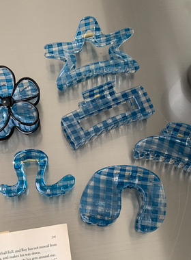 中古感蓝蓝色格子~百搭格纹亚克力抓夹女发抓后脑勺盘发夹鲨鱼夹