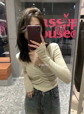 纯欲二合一带杯修身显瘦针织上衣长袖上衣针织衫设计感2023春性感