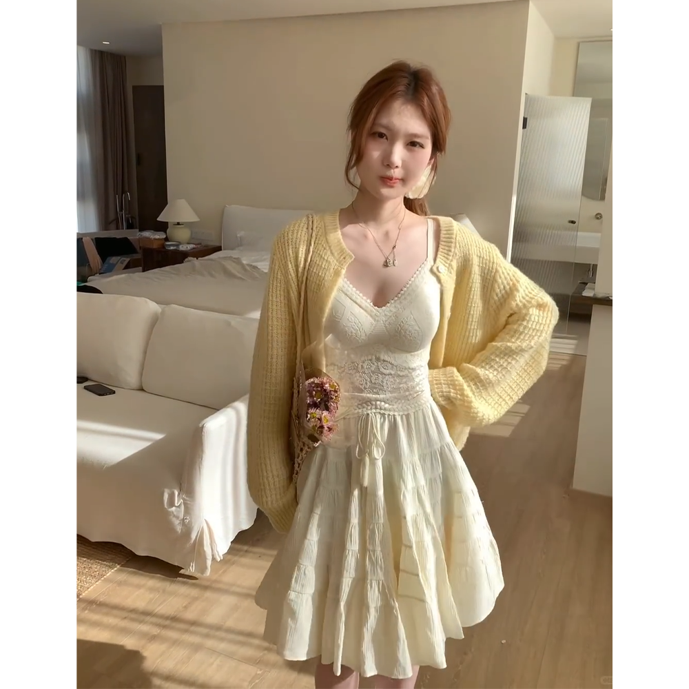 实价有货韩系高级感穿搭黄色软糯针织毛衣外套A字半身裙时尚套装,女装/女士精品,时尚套装,淘宝优惠券,粉丝福利购,淘宝优惠卷