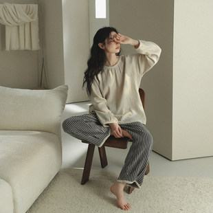 罗丽丝新款双层棉纱睡衣女春秋季纯棉薄款套头简约休闲家居服