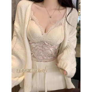 罗丽丝纯欲叠穿蕾丝吊带背心女带胸垫2026早春新款性感短款内搭打