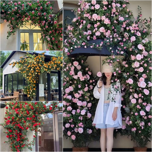 ins仿真玫瑰藤条瀑布花墙遮挡