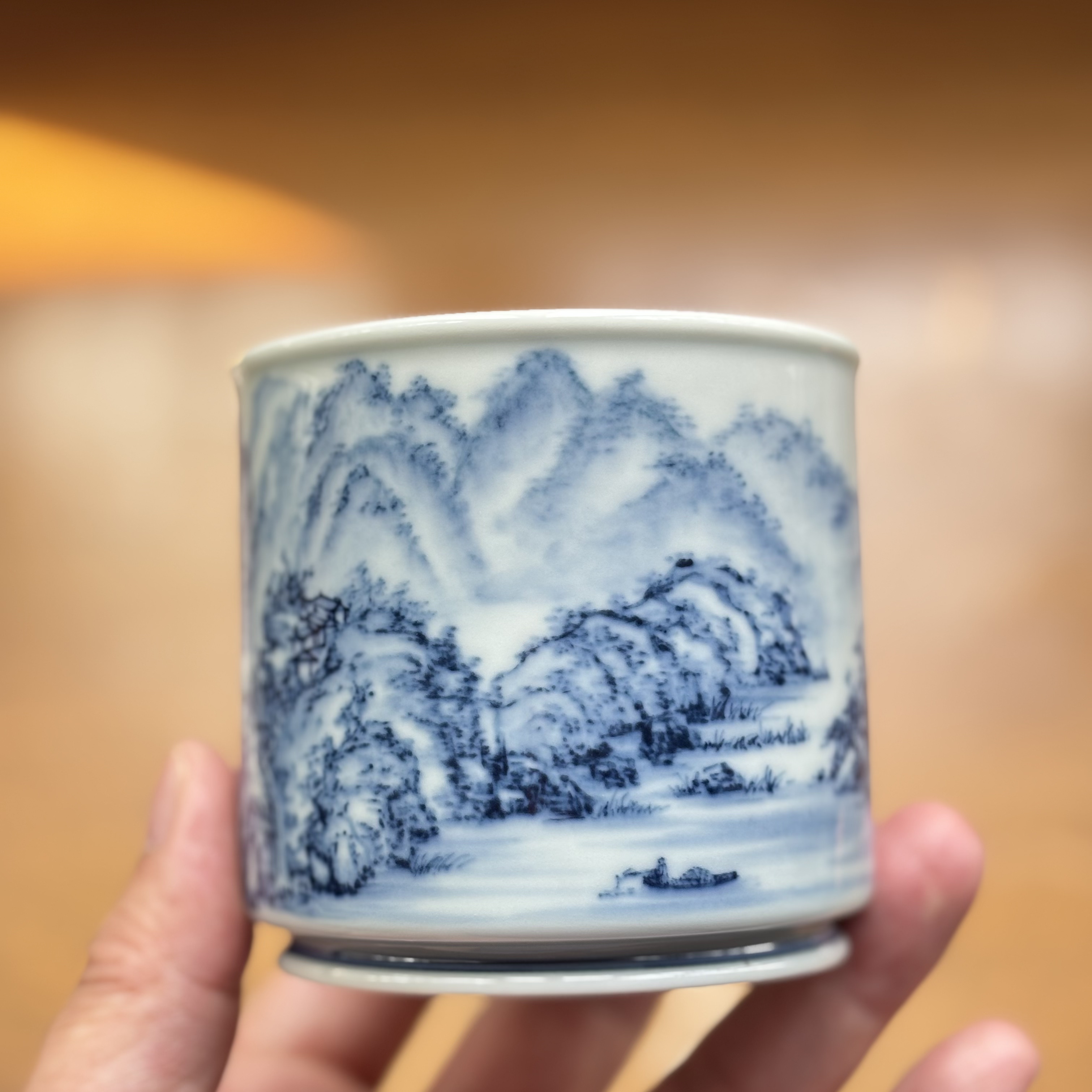 归舟柴窑手绘青花山水高档茶杯
