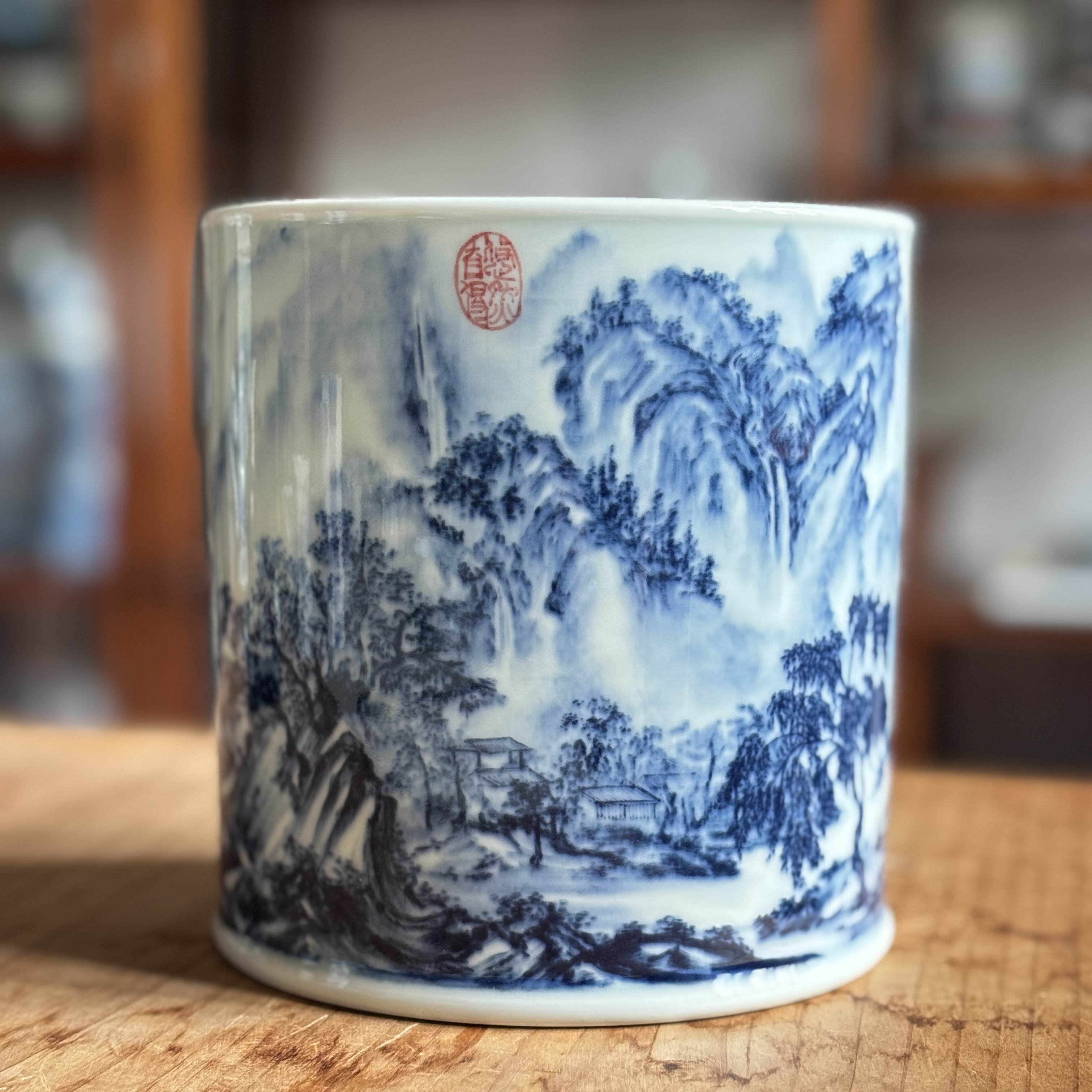 归舟柴窑青花山水手绘茶筒