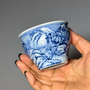 归舟柴窑青花瓷手绘山水茶杯单杯陶瓷功夫茶具炉式杯主人杯雪景杯