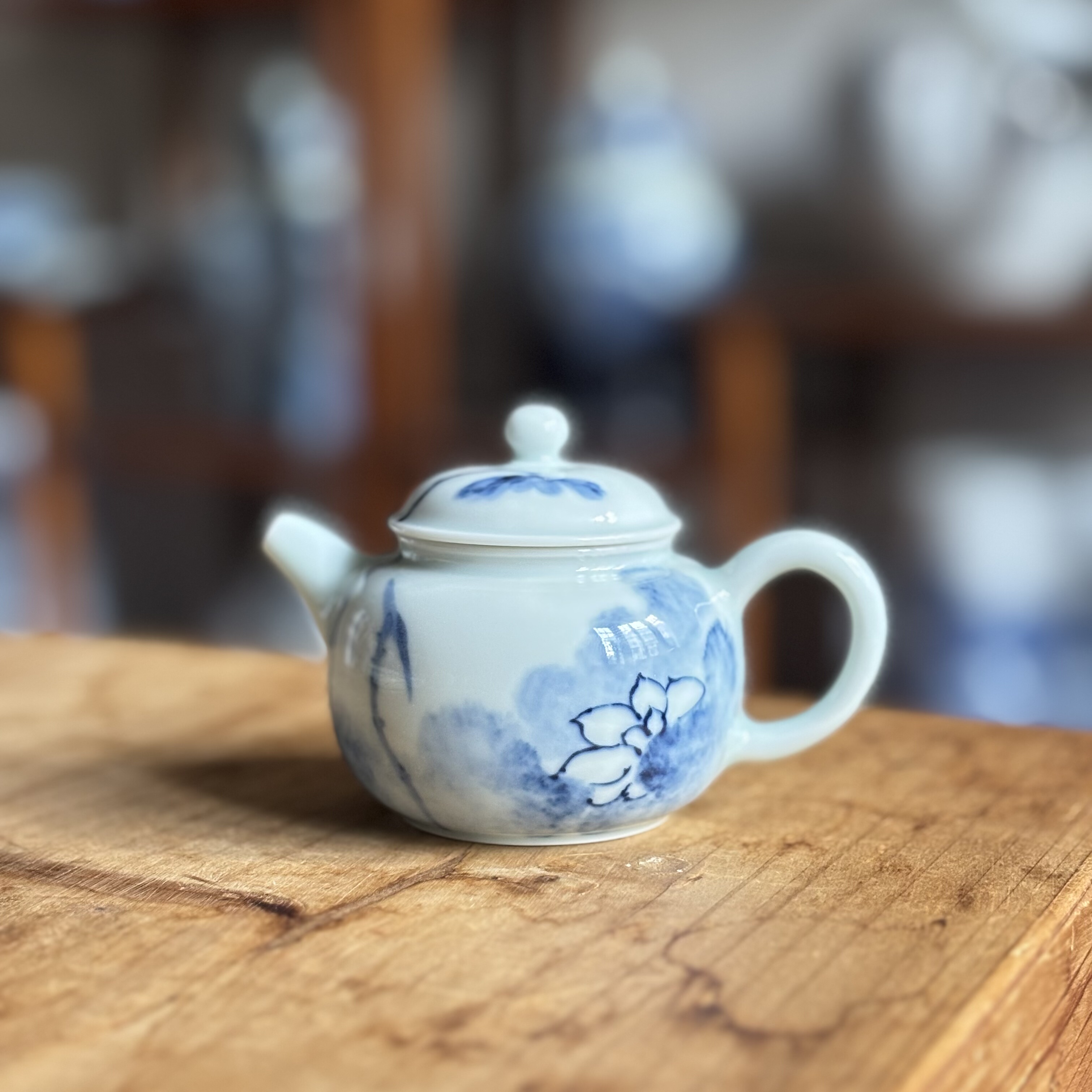 柴窑青花瓷手绘山水小号茶壶