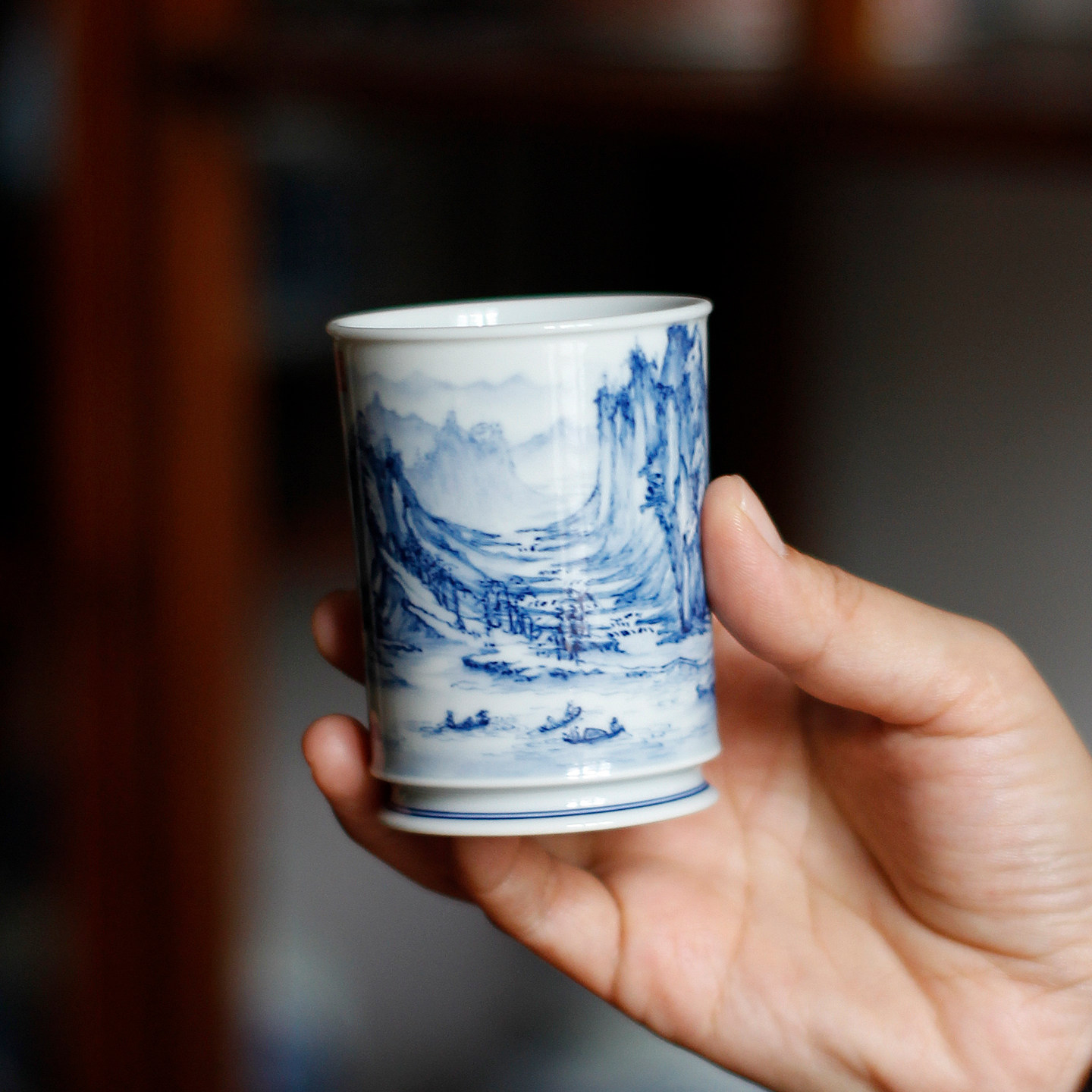 归舟柴窑青花瓷手绘山水茶杯中式复古陶瓷功夫茶具主人杯高档杯子