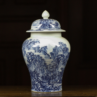 王正珺手绘青花瓷器茶叶罐陶瓷山水画盖罐复古国风储物罐将军罐子