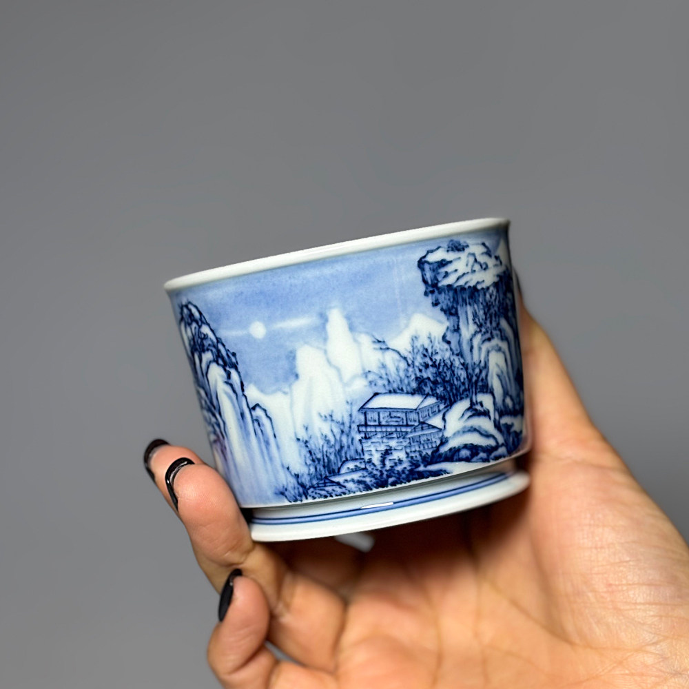 归舟柴窑茶杯景德镇手绘青花瓷山水杯子陶瓷功夫茶具主人杯品茗杯