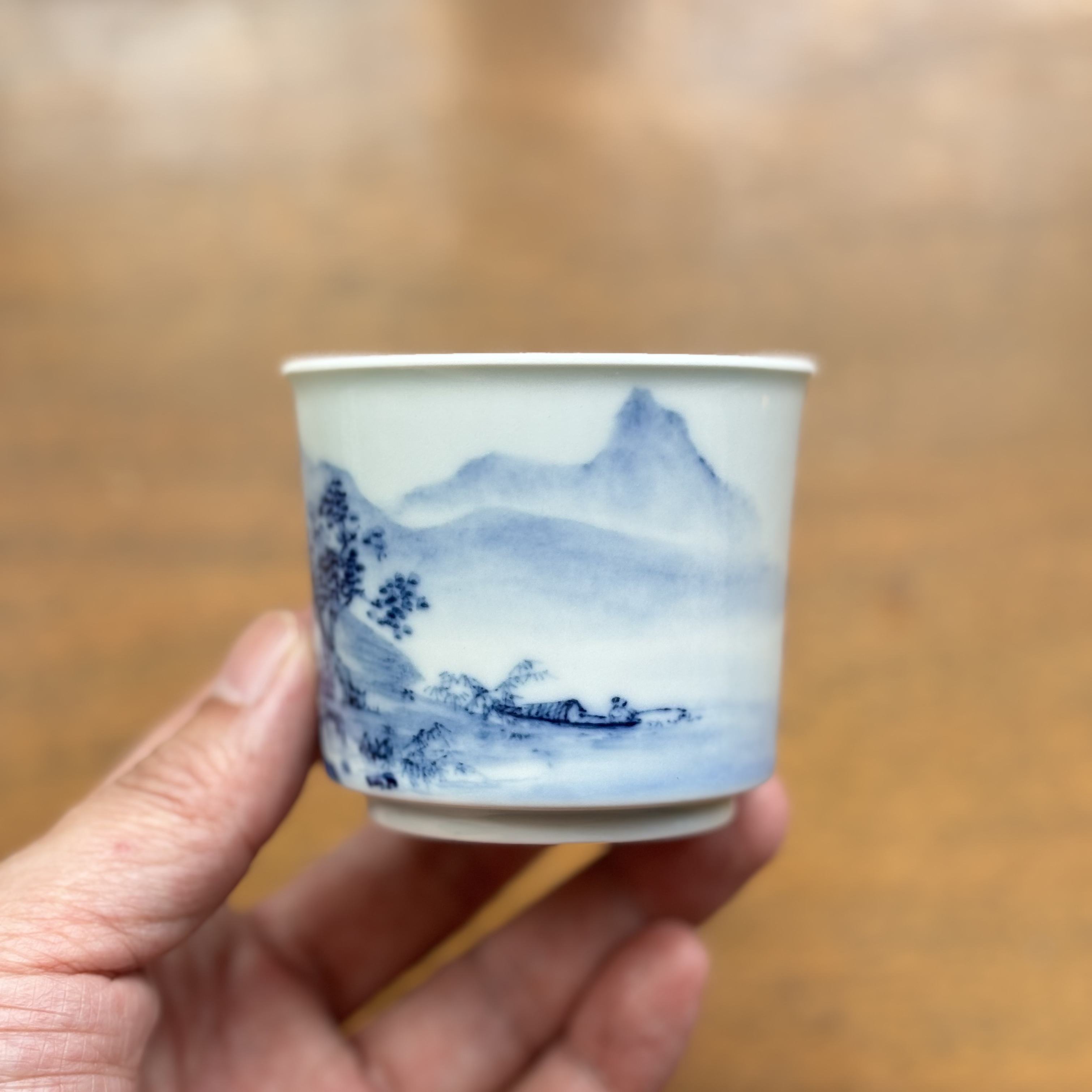 归舟柴窑高档手绘青花山水茶杯