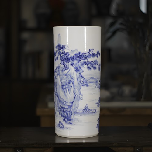 王正珺手绘青花山水瓷器书画筒景德镇陶瓷箭筒收纳桶手工瓷器摆件