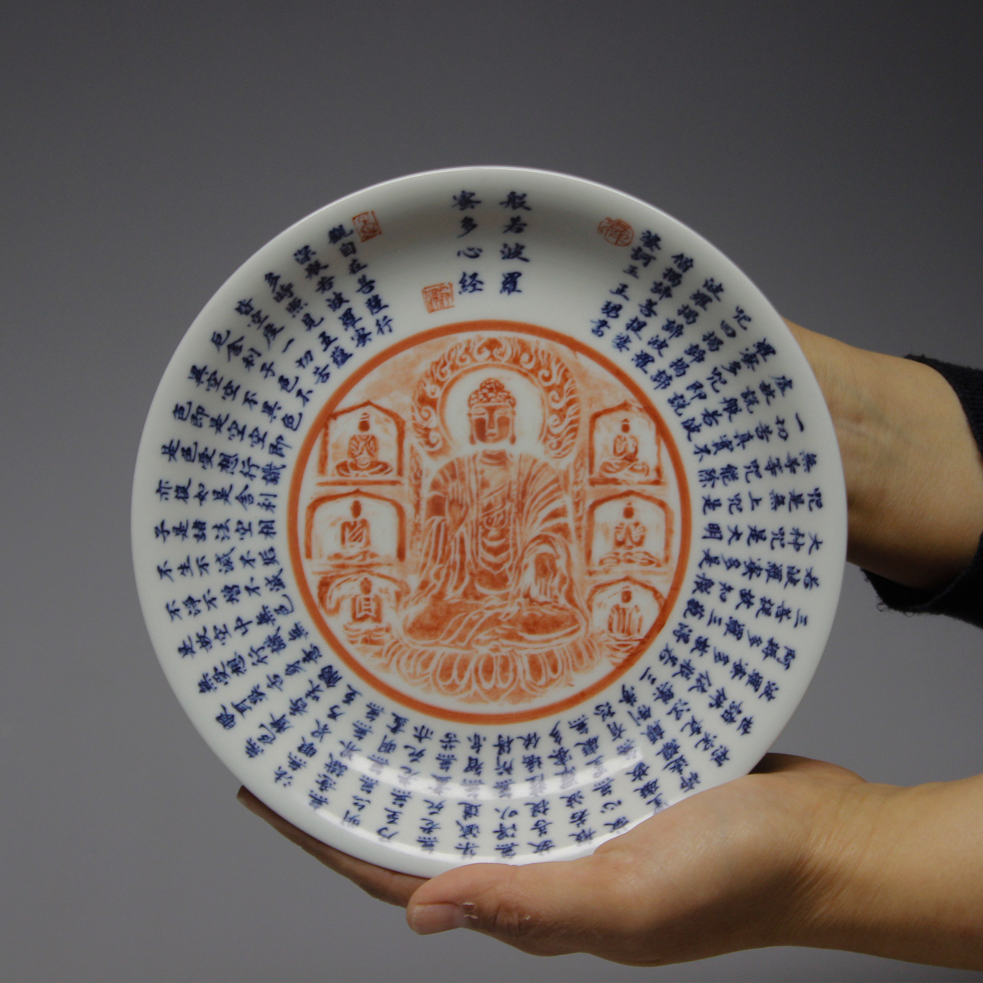 归舟柴窑青花瓷器茶具中式陶瓷茶盘佛像图案茶艺用品壶承茶盘茶托