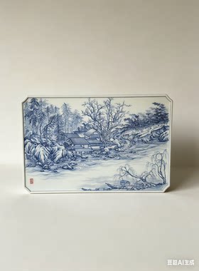 归舟陶瓷茶具茶盘瓷器干泡盘方形壶承家用茶器茶馆手绘青花山水盘
