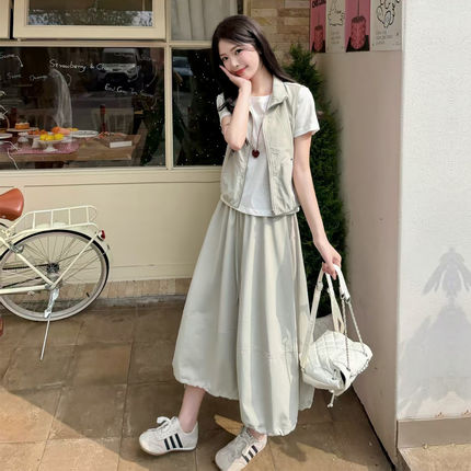 2026夏季新款防晒外套时尚套装马甲+白色T恤+半裙三件套