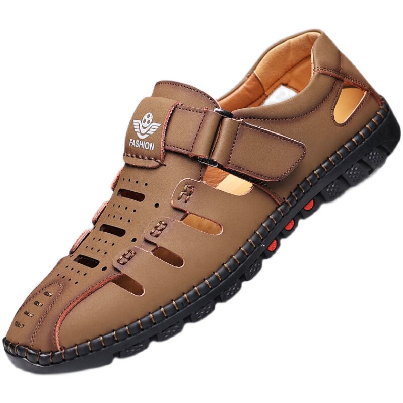 [GENUINE LEATHER COWHIDE] SANDALS MENS SUMMER NEW LEATHER CUT-OUT MENS SANDALS BREATHABLE CASUAL SHOES NON-SLIP HOLE SHOES