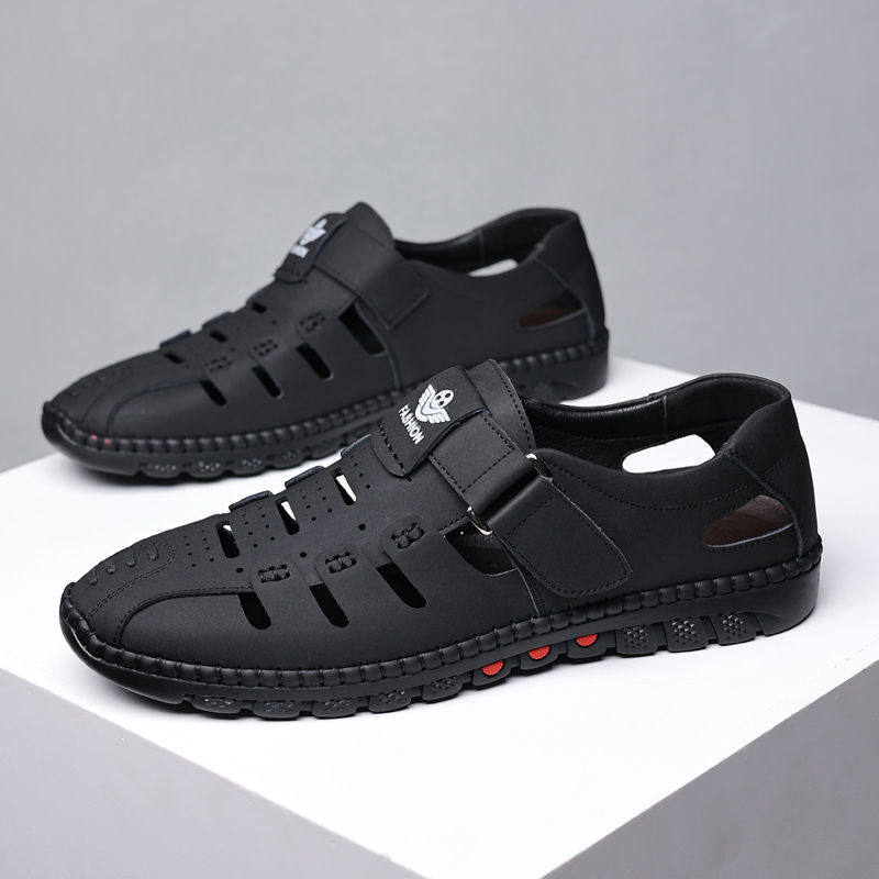 [GENUINE LEATHER COWHIDE] SANDALS MENS SUMMER NEW LEATHER CUT-OUT MENS SANDALS BREATHABLE CASUAL SHOES NON-SLIP HOLE SHOES