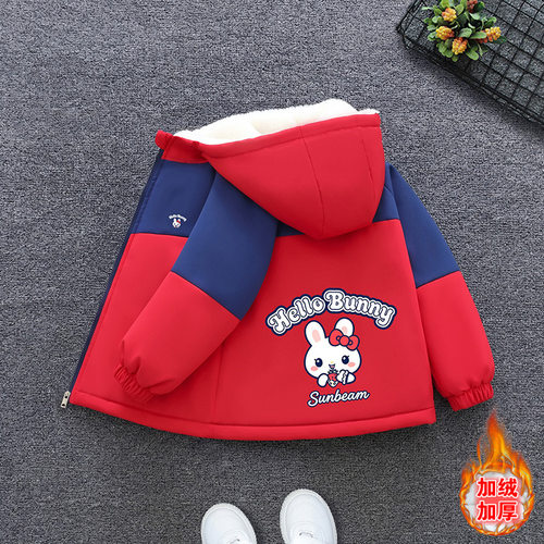 女童冬季加绒加厚棉服萌兔蝴蝶结印花拼袖连帽宝宝防风派克服外套