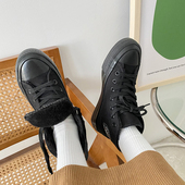 女全黑加绒休闲鞋 帆布鞋 软底高帮棉鞋 韩版 2022冬季 街拍保暖鞋 新款