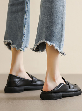 大码乐福鞋女春秋一脚蹬软底防滑黑色小皮鞋夏季厚底两穿浅口单鞋