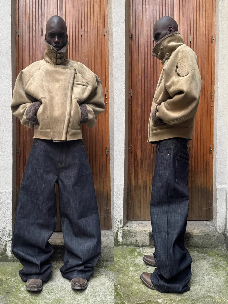 thumbnail for No faith studios lambswool suede biker cotton jacket loose silhouette diagonal zip heavy work jacket