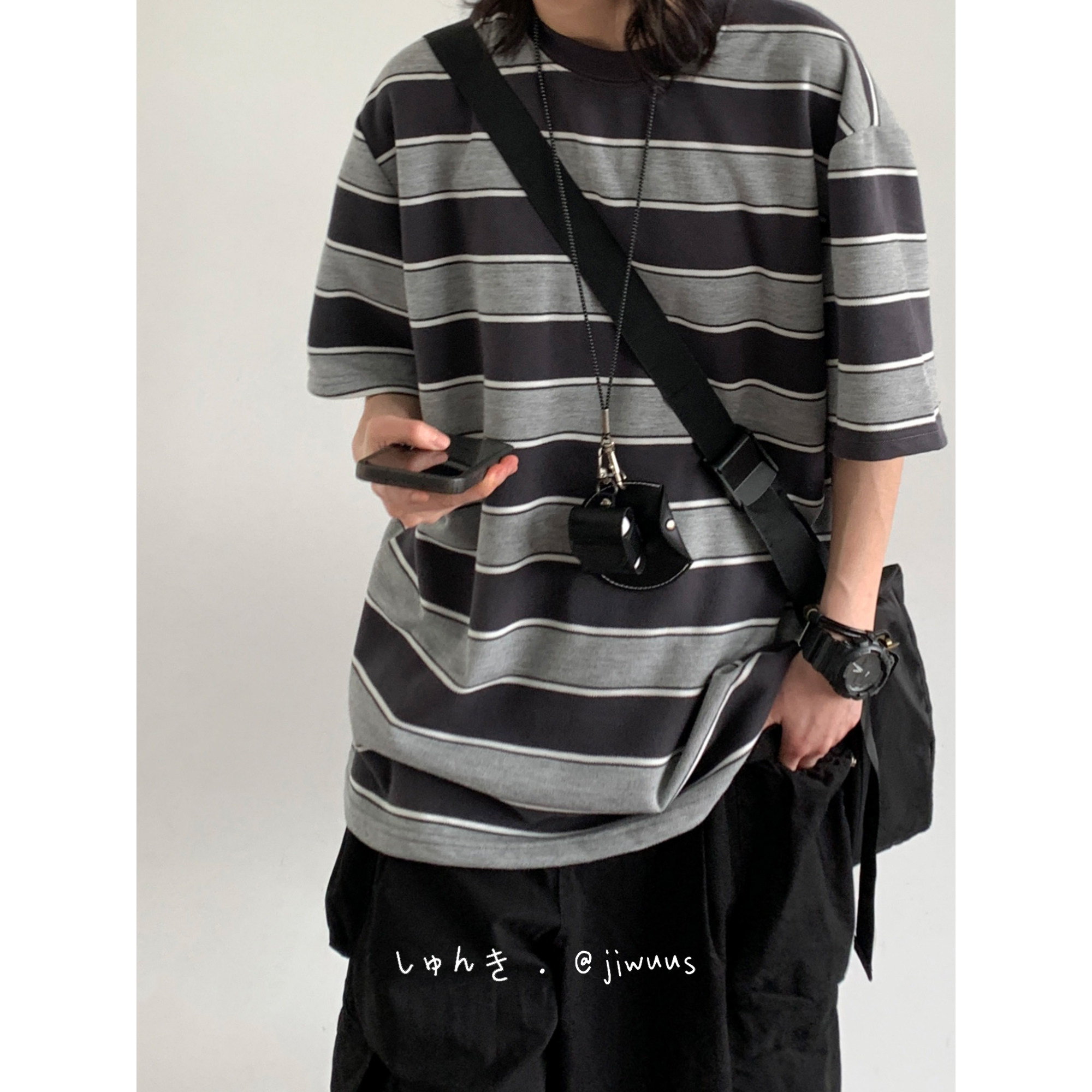 thumbnail for Summer, Japanese retro basic, contrasting stripes, casual loose and versatile, men's and women's heavyweight round neck cotton short-sleeved T-shirt
