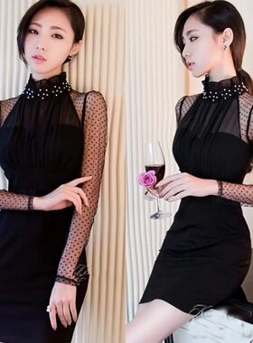 春夏新款大码女装性感夜店显瘦长袖包臀蕾丝雪纺打底连衣裙子