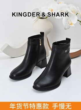 KDS经典鲨女鞋2024年冬季新款百搭黑色侧拉链加绒中粗跟显瘦短靴