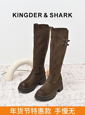 KDS经典鲨女鞋2024年冬季款百搭圆头平底加绒气质显瘦时装长筒靴