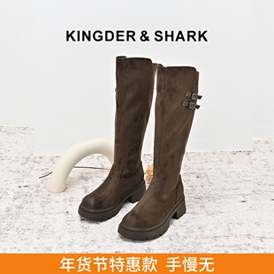 KDS经典鲨女鞋2024年冬季款百搭圆头平底加绒气质显瘦时装长筒靴