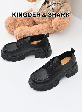 KDS经典鲨女鞋2025年春季新款百搭黑色圆头中粗跟平底小皮鞋单鞋