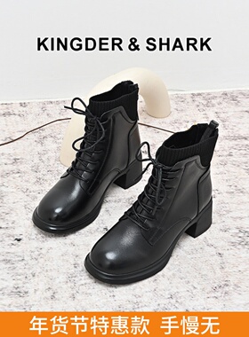 KDS经典鲨女鞋2024年冬季款简约黑色加绒中粗跟后拉链气质短筒靴