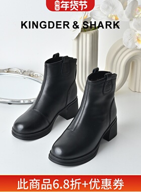 KDS经典鲨女鞋2025冬专柜新品牛皮革黑色圆头加绒加厚雪地靴短靴