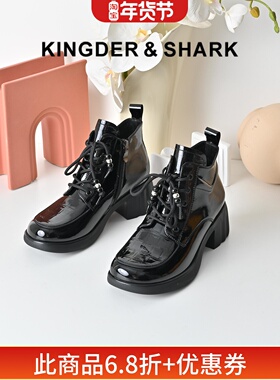KDS经典鲨女鞋2025冬专柜新品羊皮革圆头黑色加绒轻便中粗跟短靴