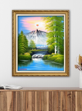 纯手绘油画聚宝盆雪山湖泊秋景风景装饰画玄关客厅沙发背景墙挂画