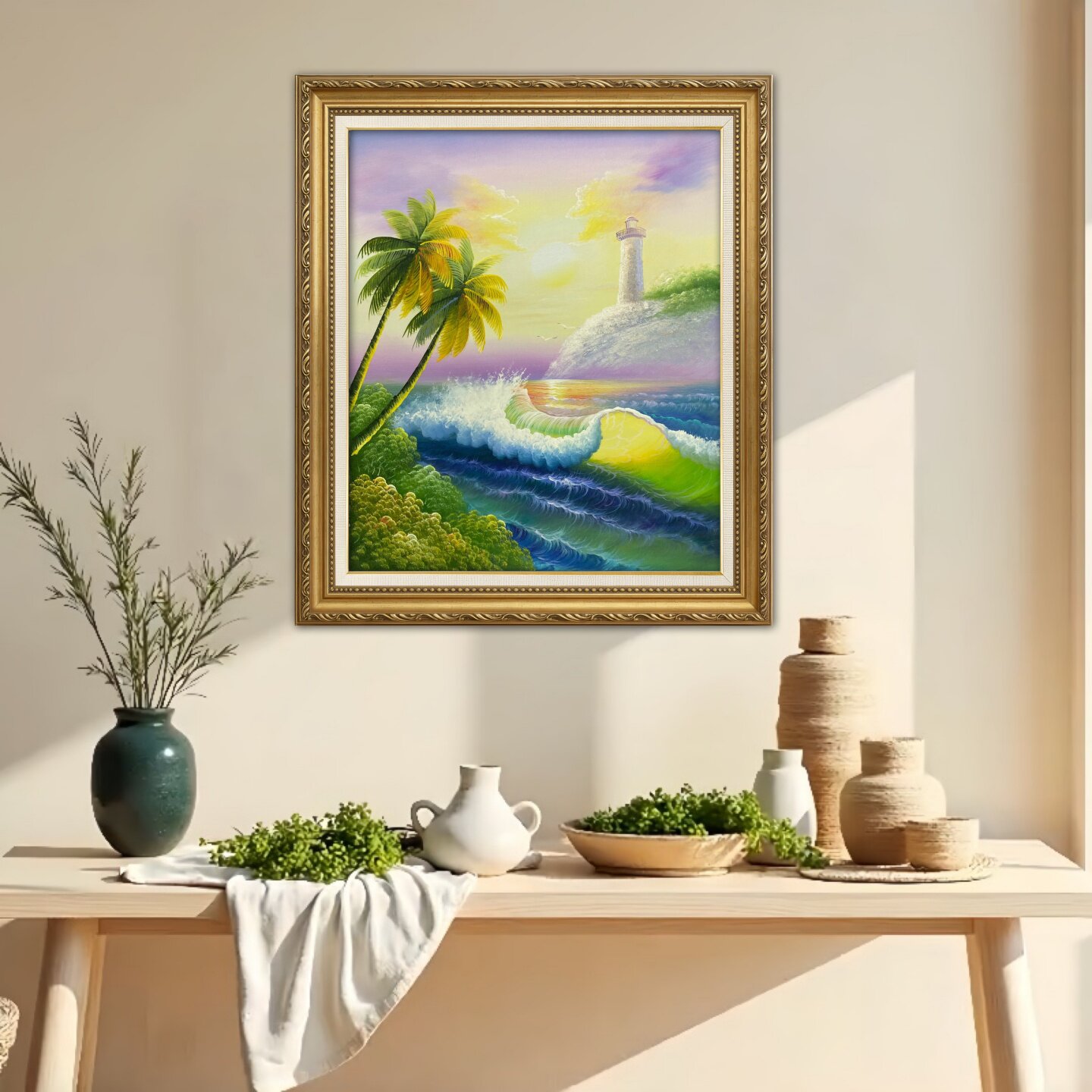 纯手绘热带海岛渡假风景油画欧式客厅玄关装饰画酒店商场轻奢挂画