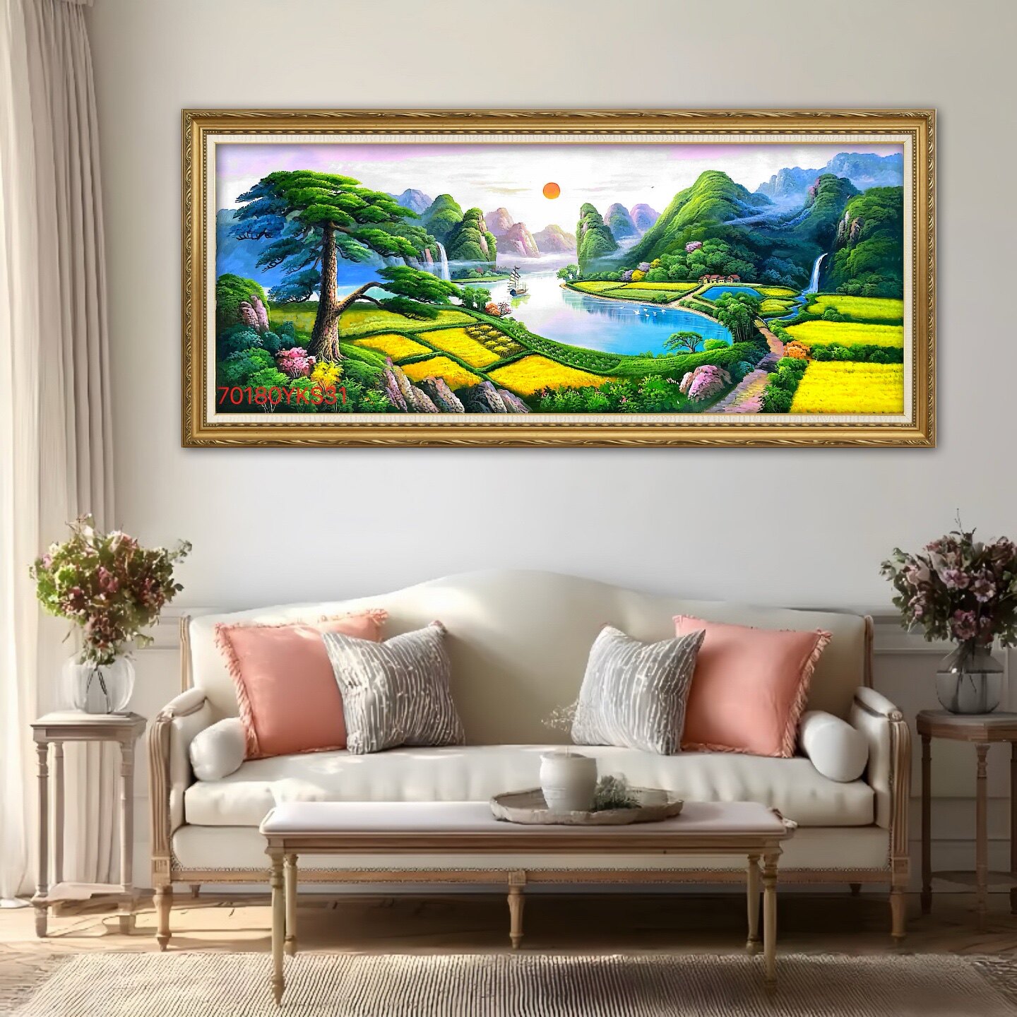 纯手绘迎客松山水油画客厅聚宝盆风景装饰办公室招财挂画中式壁画