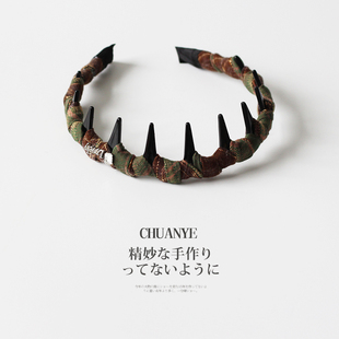 高颅顶防滑发箍头饰发饰 精致个性 川野法式 咖绿缠绕带齿头箍女新款