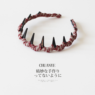 川野法式红色格纹缠绕带齿发箍女新款时尚小众高颅顶压发头箍发饰