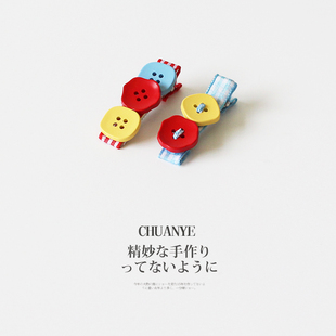 川野日韩纽扣红蓝格子发夹女新款简约个性侧边鸭嘴夹发卡头饰发饰