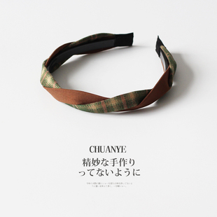 小众高颅顶压发头箍头饰发饰 时尚 川野法式 咖绿色格纹麻花发箍新款