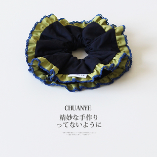川野法式藏青色褶皱大肠发圈新款时尚高级感扎马尾的发绳头饰发饰