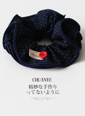 川野法式蓝色波点纽扣大肠发圈女新款轻奢时尚扎高丸子头皮筋发饰