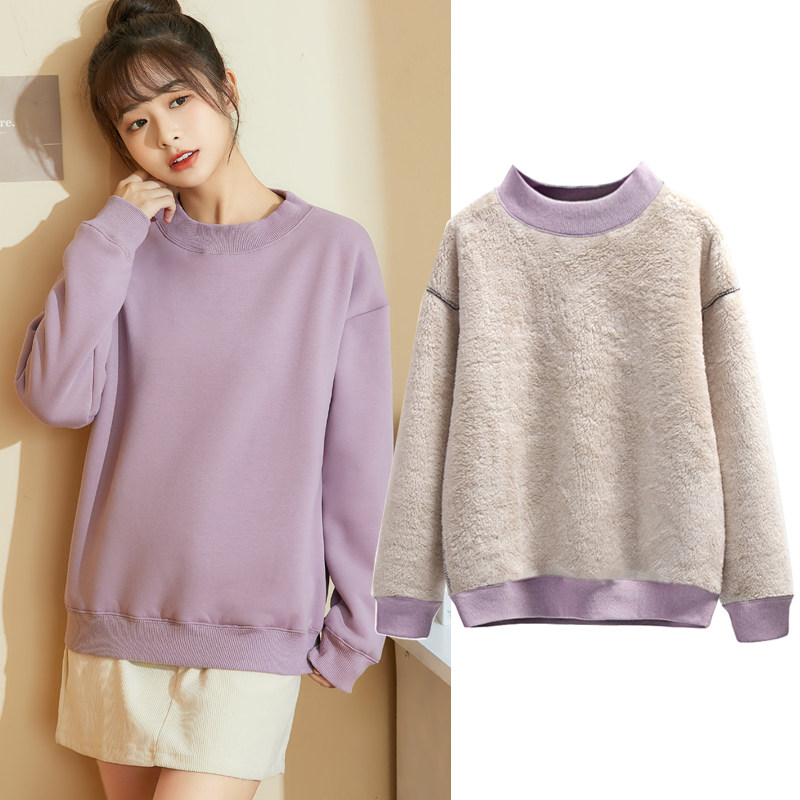 加厚加绒宽松棉宽松纯色卫衣女