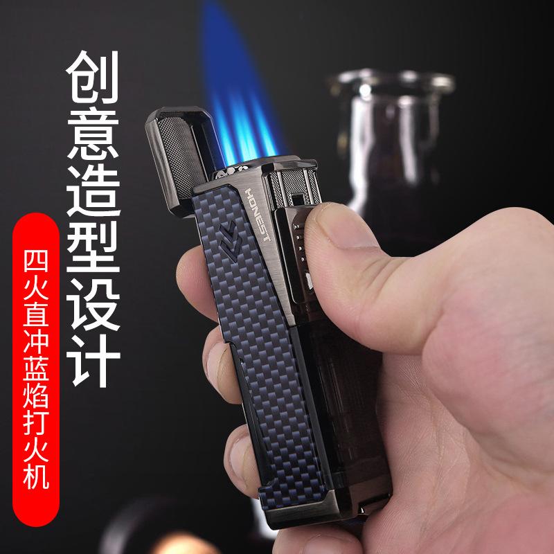 百诚多功能雪茄打火机四火直冲防风蓝焰打火机透明仓带打孔器男士