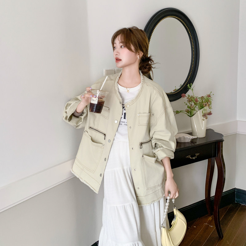 卡绿色韩版做旧毛边多口袋外套女2025年春季新款设计款小个子夹克,女装短外套,浙宝179