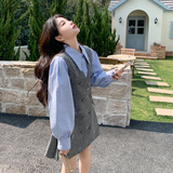 灰蓝学院风刺绣背心裙套装女秋季2025新款小个子连衣裙衬衫两件套，女装套装/套裙，浙宝179