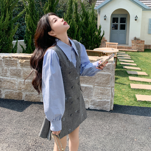 灰蓝学院风刺绣背心裙套装女秋季2025新款小个子连衣裙衬衫两件套图片
