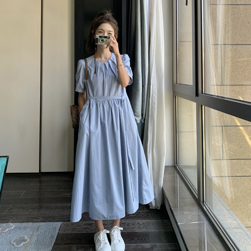 蓝色褶皱半开领衬衫连衣裙女夏季新款韩版宽松系带收腰显瘦中长裙,女装连衣裙,浙宝179