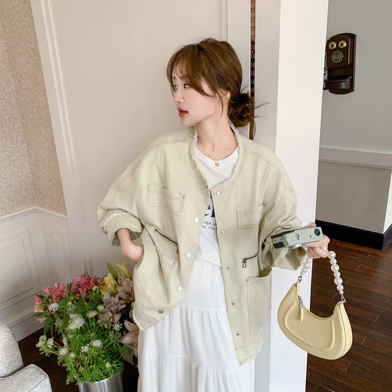 卡绿色韩版做旧毛边多口袋外套女2025年春季新款设计款小个子夹克,女装短外套,浙宝179